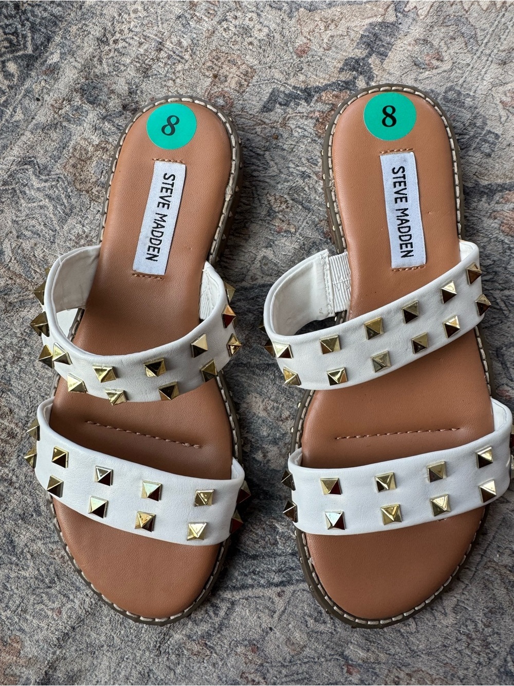 Steve Madden White Gold Studded Double Strap Slide Sandals Size 8 NWT